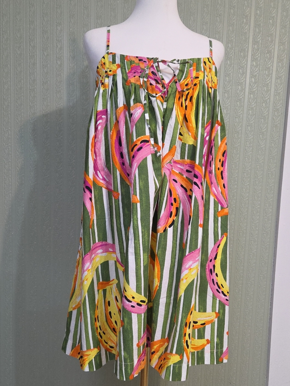 Green Striped Tropical Print Mini Dress with Spaghetti Straps Vaca Beach Flowy